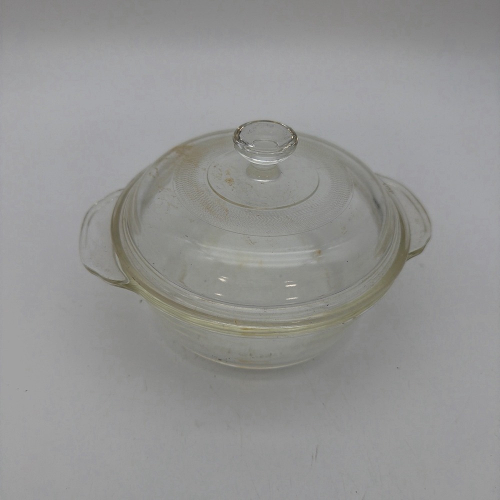 Vtg Fire King 1 Pint Casserole Dish & Lid Clear Glass, Handles #10 Excellent USA